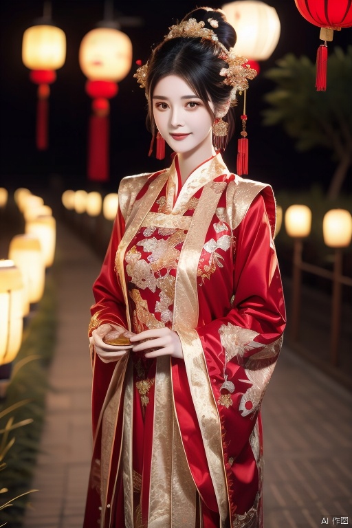 High quality, 1 girl, festive red, full body lens, black hair, looking at the audience, hair accessories, brown eyes, jewelry, shut up, red happy clothes, earrings, outdoor, sky, hair bun, night, Chinese clothes, prints, shawls, tassels, star sky, moon, Yuanxiao (Filled round balls made of glutinous rice-flour for Lantern Festival), hanfu, hydress, red and gold dress, girl, hair