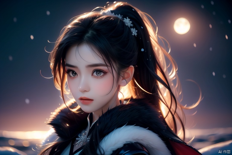 Ultra fine painting. A beautiful girl with a thin face, black eyes, black and white gradient long hair, ponytail, tassels, decoration, wearing a black dress adorned with jewelry, cape, looking at the sky, white wolf packs lying beside her, peaceful. Light: Soft, highlighting snowflakes, scene: A snowy landscape, moonlight, ultra fine