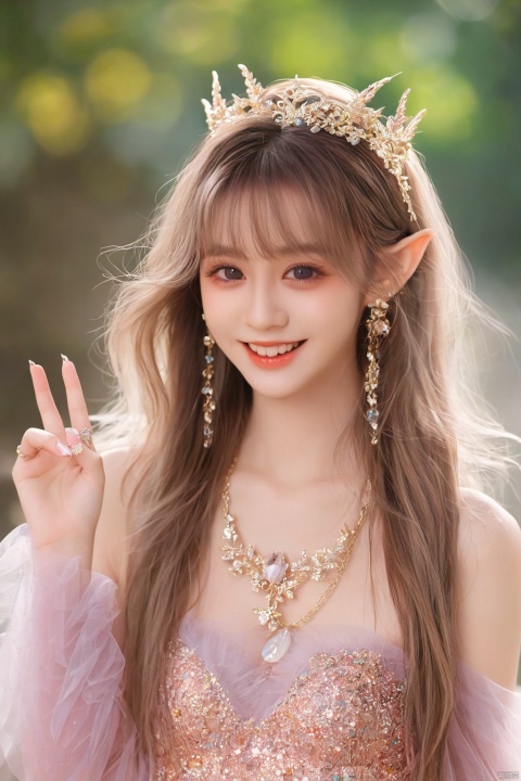 Clothing, jewelry, necklaces, glittering skirts, tulle, lightness, sheer, flowing, hell, goblin, gradient hair, long hair, sticking out the tongue, winking, close-up, contact lenses, girls, beauties