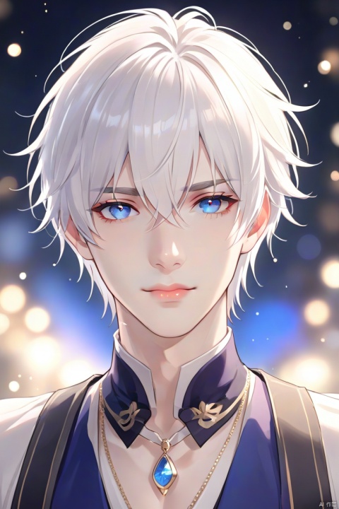  solo, looking at viewer, short hair, bangs, blue eyes, 1boy, hair between eyes, jewelry, closed mouth, upper body, white hair, male focus, necklace, blurry, lips, portrait, light particles, bishounen, xinyue