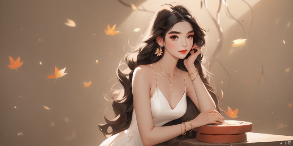 long hair, multiple girls, brown hair, black hair, dress, 2girls, bare shoulders, brown eyes, jewelry, sitting, closed mouth, earrings, solo focus, day, necklace, white dress, blurry, bracelet, makeup, leaf, plant, hand on own face, head rest, red lips, pillar,Chinese