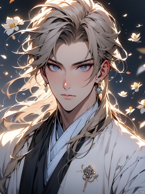 solo, looking at viewer, short hair, blue eyes, blonde hair, shirt, long sleeves, 1boy, holding, jewelry, closed mouth, white shirt, upper body, flower, male focus, earrings, black jacket, grey eyes, formal, plant, white flower, holding flower, bishounen, man, gufeng, boy