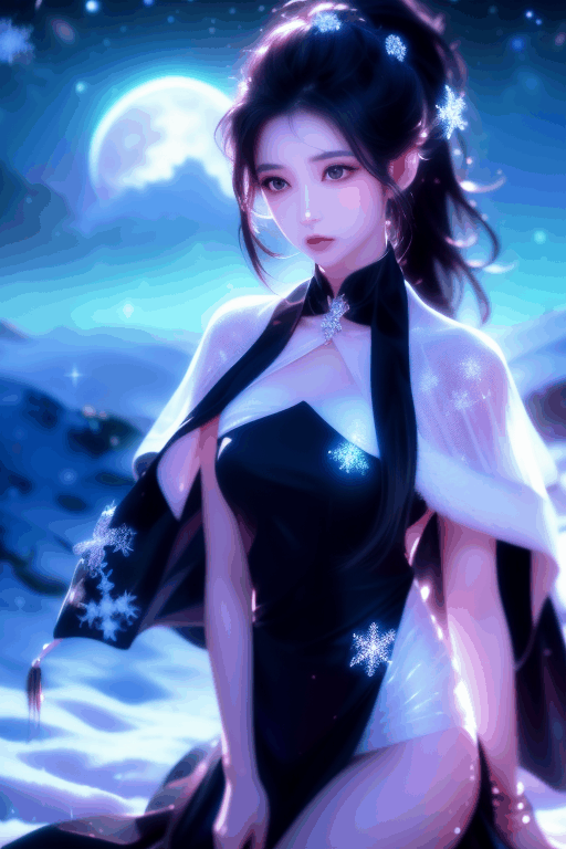  Ultra fine painting. A beautiful girl with a thin face, black eyes, black and white gradient long hair, ponytail, tassels, decoration, wearing a black dress adorned with jewelry, cape, looking at the sky, white wolf packs lying beside her, peaceful. Light: Soft, highlighting snowflakes, scene: A snowy landscape, moonlight, ultra fine, hair