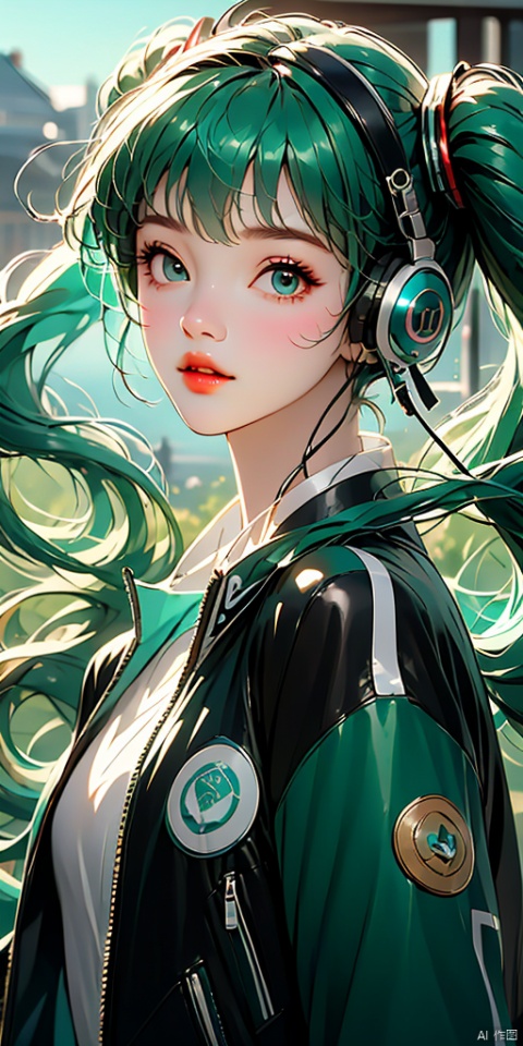 1girl, solo, looking at viewer, bangs, twintails, jacket, upper body, sidelocks, parted lips, blurry, aqua eyes, lips, black jacket, aqua hair, blurry background, headphones, portrait, high collar, cable, hatsune miku, xinyue