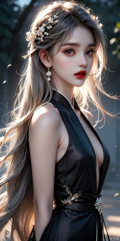 1girl, solo, long hair, looking at viewer, hair ornament, dress, jewelry, closed mouth, upper body, grey hair, earrings, from side, chinese clothes, hair stick