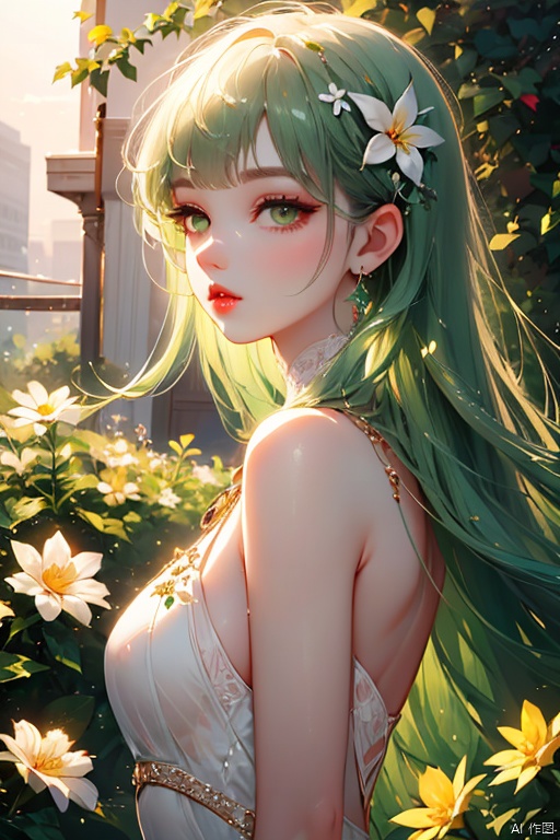 1girl, solo, long hair, looking at viewer, bangs, hair ornament, dress, bare shoulders, jewelry, green eyes, upper body, flower, white hair, earrings, parted lips, hair flower, from side, lips, eyelashes, makeup, white flower, lipstick, gem, green dress, red lips