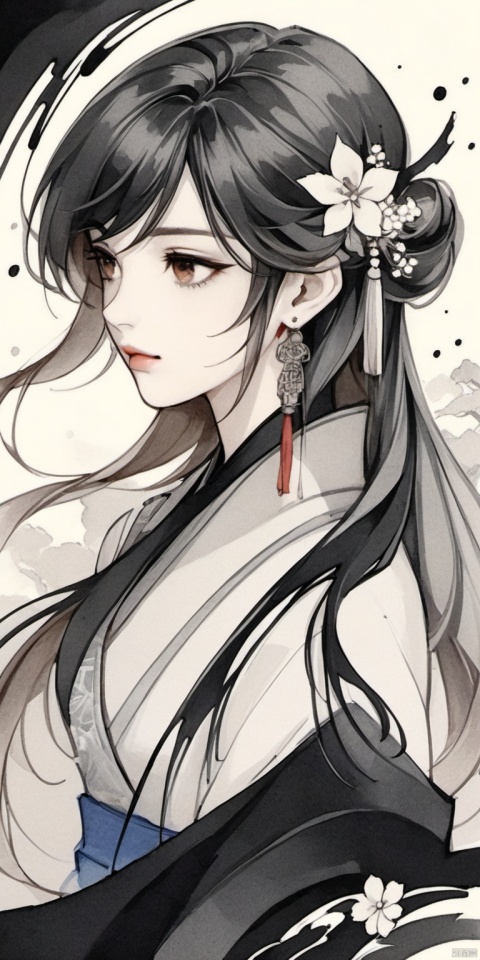  Ancient Art Style, Ink Painting, Traditional Chinese Painting, (Ink Style1:4), (Splash Ink Painting), 1girl, solo, long hair, looking at viewer, blush, bangs, black hair, hair ornament, white background, brown eyes, jewelry, closed mouth, upper body, flower, earrings, hair flower, from side, lips, bird, chinese clothes, tassel,(Ink style),Hazy, xinyue