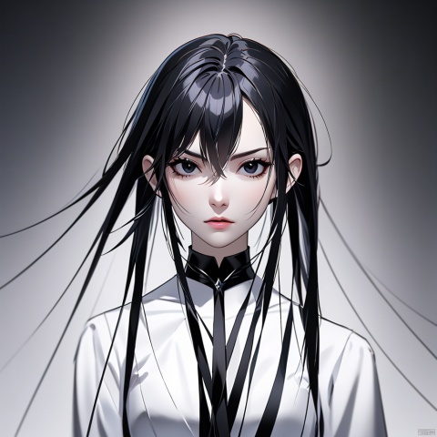(High quality, best quality, artistic, beautiful, and aesthetic: 1.2),1girl,black and shiny vertical hair, slanted and straight sword eyebrows, sharp black eyes, thin and lightly pursed lips, sharp and angular contours, slender figure, cold and aloof, imposing, vampire, half body photo, special effects, ultra clear, 2D, hazy
