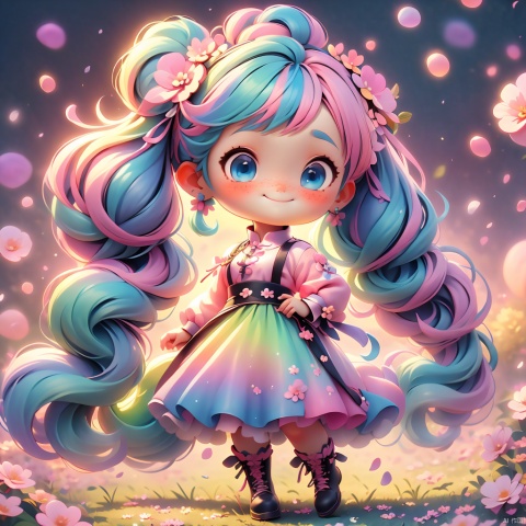 1girl, solo, long hair, looking at viewer, smile, blue eyes, skirt, shirt, hair ornament, twintails, jewelry, blue hair, full body, pink hair, flower, multicolored hair, earrings, shoes, hair flower, chibi, gradient hair, child, freckles, pink shirt, girl