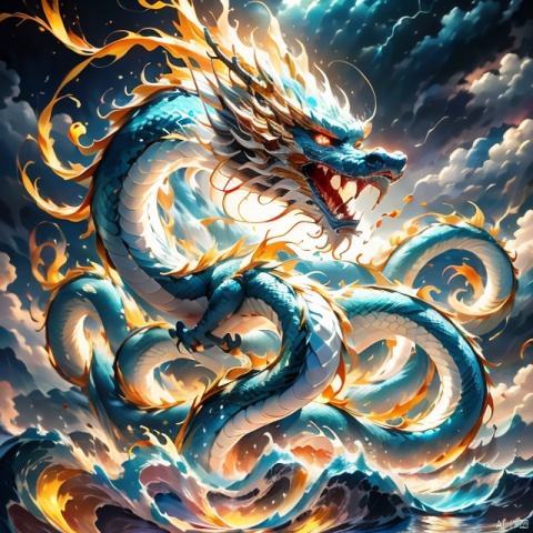 Solo, open mouth, red eyes, outdoors, sky, clouds, water, Chinese dragon, phoenix, no humans, ocean, fangs, cloudy sky, electricity, waves, lightning, chinese dragon, long