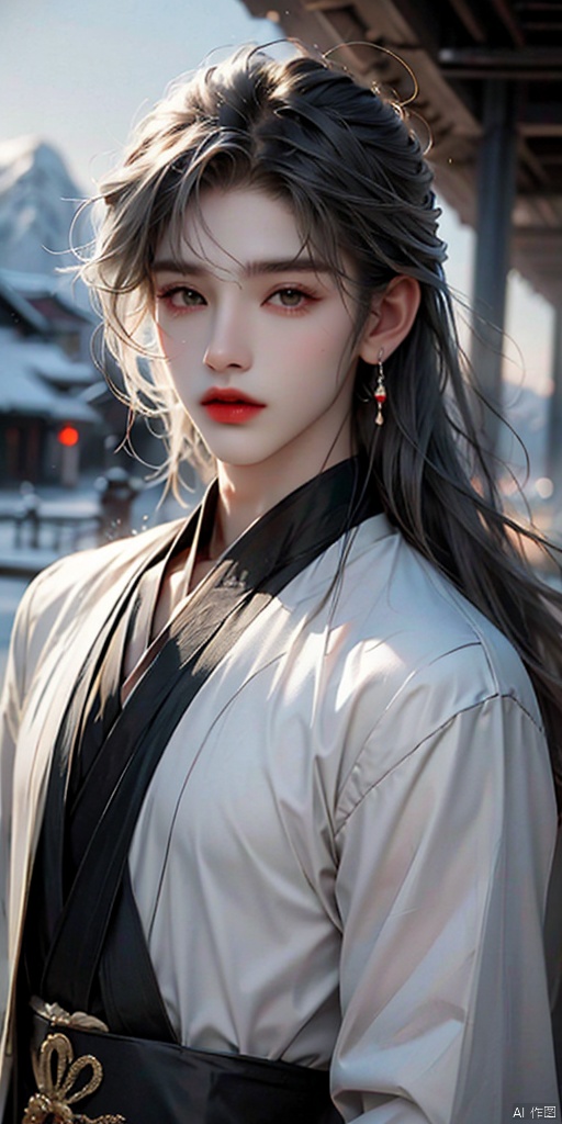 solo, long hair, looking at viewer, 1boy, jewelry, upper body, grey hair, male focus, earrings, grey eyes, chinese clothes, wind, snow, mountain, hanfu