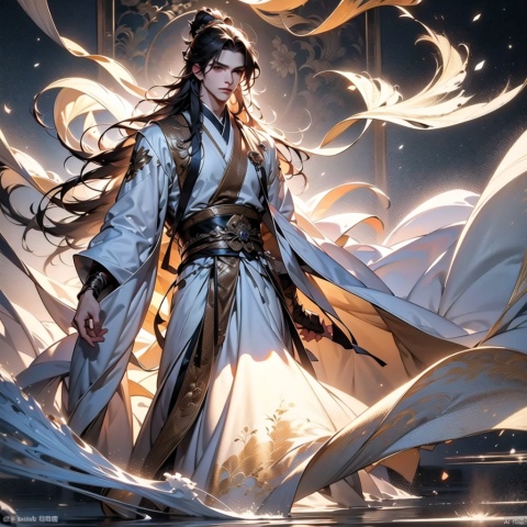{very detailed light},{painting},{{very fine 8K CG wallpaper}}, (Premium, Best Quality, Art, Beauty and Aesthetics: 1.2), 1boy, male focus, solo, black hair, chinese clothes, standing, fur trim, long hair, scroll, wide sleeves, hanfu, brown eyes