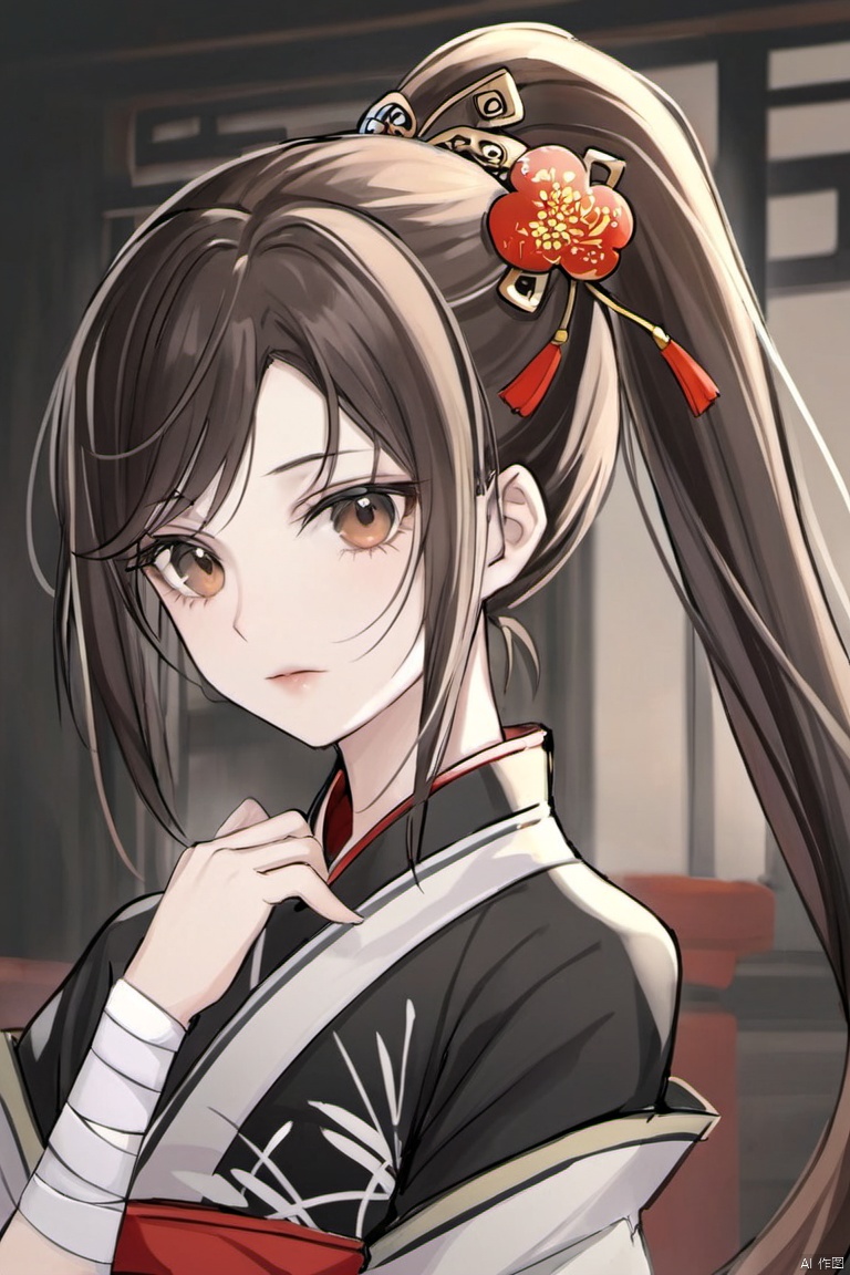 1girl, solo, long hair, looking at viewer, brown hair, black hair, hair ornament, dress, upper body, ponytail, bandages, chinese clothes