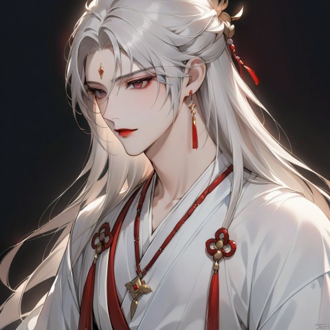 1 boy, solo, long hair, looking at the audience, hanfu, jewelry, upper body, white hair, parted lips, necklace, white dress, black background, red lips