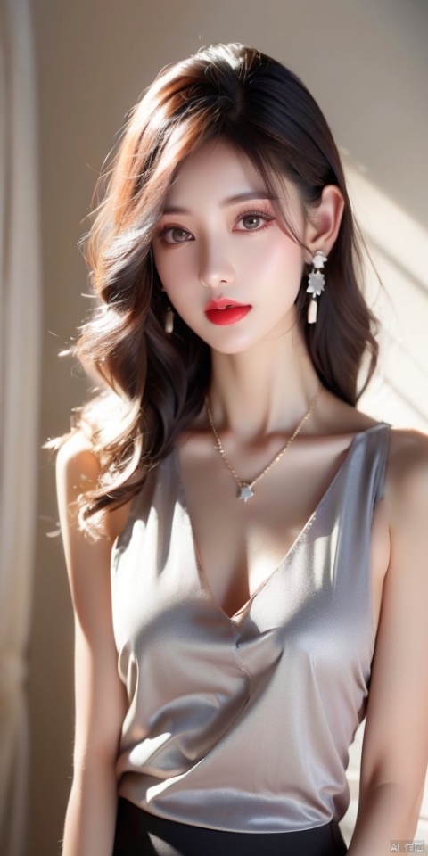 1girl, solo, long hair, breasts, looking at viewer, bangs, shirt, hair ornament, cleavage, jewelry, medium breasts, collarbone, white shirt, upper body, white hair, earrings, parted lips, sleeveless, indoors, black skirt, necklace, lips, grey eyes, makeup, lipstick, red lips