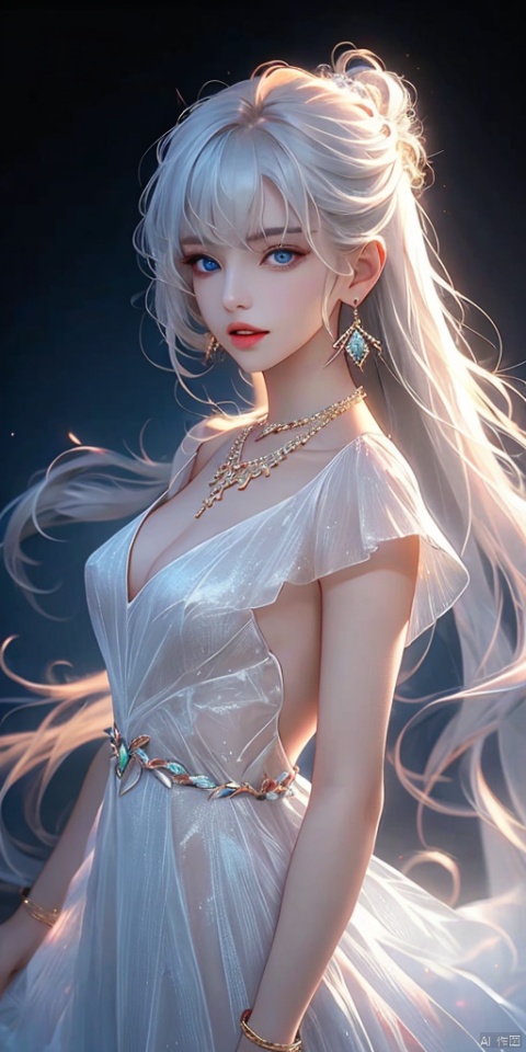 1girl, solo, long hair, looking at viewer, bangs, blue eyes, jewelry, upper body, white hair, earrings, parted lips, necklace, parted bangs, grey eyes, crescent