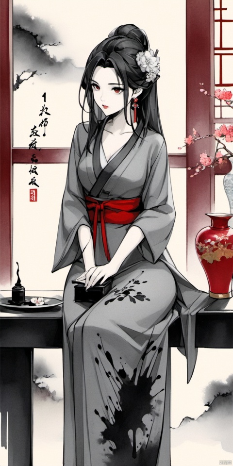  Ancient Art Style, Ink Painting, Traditional Chinese Painting, (Ink Style1:4), (Splash Ink Painting), 1girl, solo, long hair, looking at viewer, black hair, hair ornament, dress, jewelry, sitting, full body, flower, earrings, indoors, hair flower, clothing cutout, window, chinese clothes, red dress, cleavage cutout, table, curtains, red flower, red lips, vase,(Ink style),Hazy, xinyue