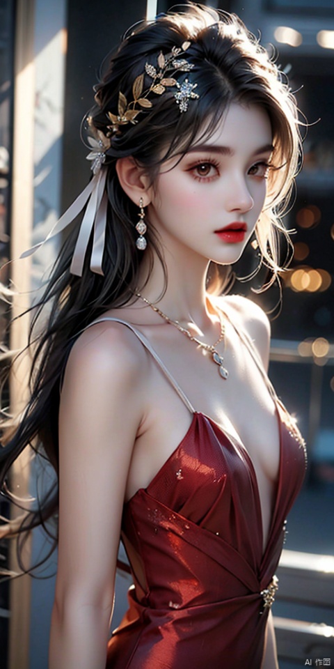 1girl, solo, long hair, black hair, hair ornament, dress, jewelry, upper body, earrings, necklace, blurry, looking to the side, red dress