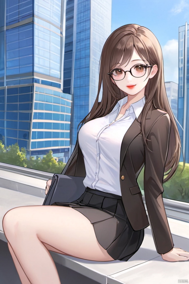 1girl, solo, long hair, breasts, looking at viewer, smile, skirt, brown hair, shirt, long sleeves, brown eyes, sitting, jacket, white shirt, outdoors, glasses, day, collared shirt, miniskirt, black skirt, lips, black jacket, head tilt, dress shirt, arm support, formal, suit, building, pencil skirt, red lips, office lady, xinyue