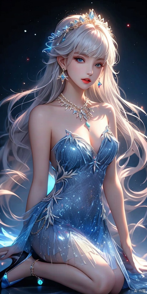1girl, solo, long hair, looking at viewer, bangs, blue eyes, jewelry, upper body, white hair, earrings, parted lips, necklace, parted bangs, grey eyes, crescent, Blue Crystal Slipper