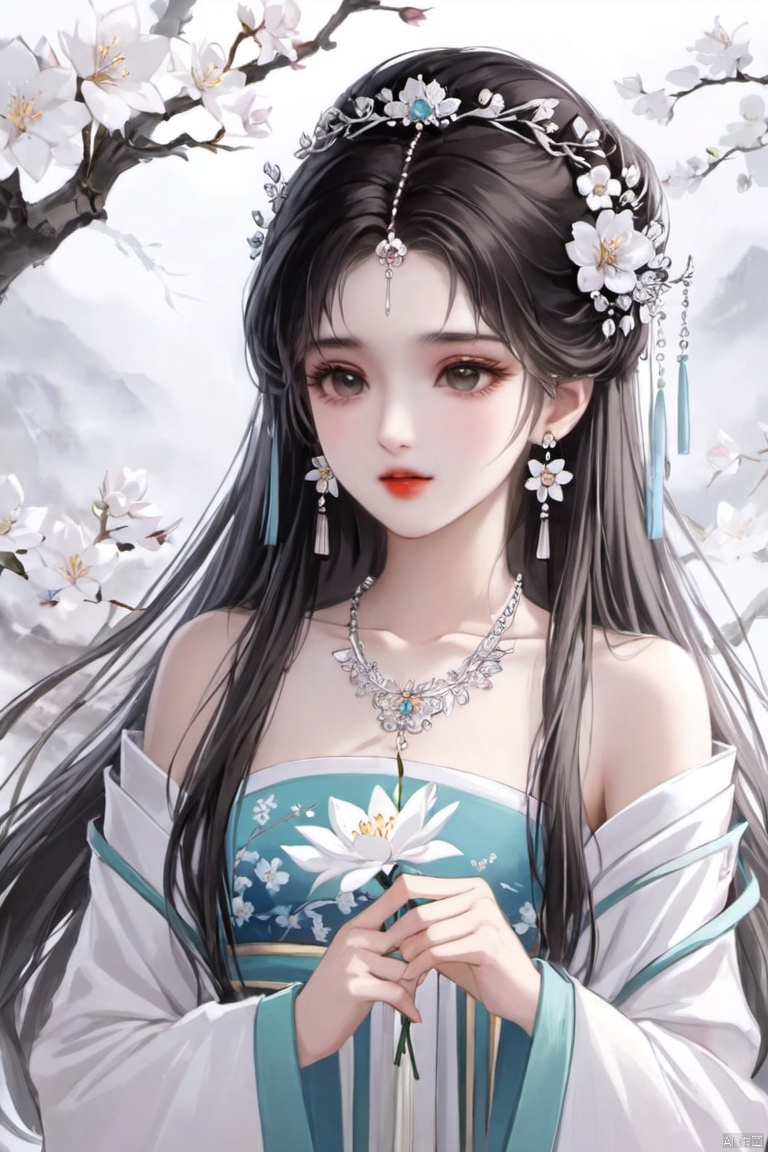 1girl, solo, long hair, black hair, hair ornament, dress, holding, jewelry, upper body, flower, earrings, necklace, white dress, chinese clothes, holding flower, xinyue