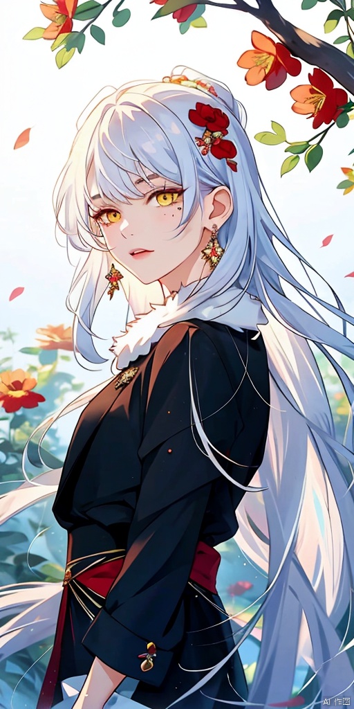 1girl, long hair, looking at viewer, hair ornament, 1boy, jewelry, yellow eyes, flower, white hair, earrings, hair flower, mole, fur trim, mole under eye, siblings, facial mark, red flower, brother and sister, branch, bishounen