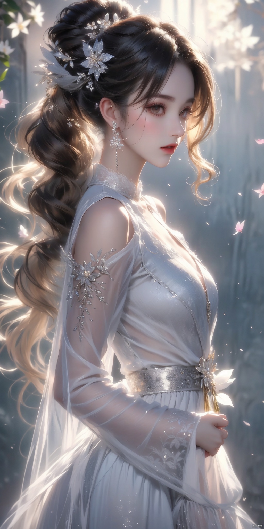 1girl, solo, long hair, breasts, looking at viewer, bangs, brown hair, black hair, hair ornament, long sleeves, dress, holding, bare shoulders, jewelry, closed mouth, ponytail, flower, earrings, detached sleeves, hair flower, white dress, from side, facial mark, chinese clothes, tassel, branch, girl,face