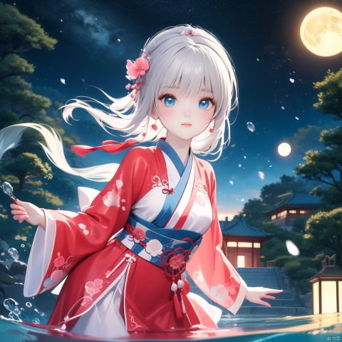 (Top quality, best quality, art, beauty and aesthetics: 1.2),2D animation, anime style, girl standing in the water, red and blue dress, hanfu, white hair, dynamic posture, pale skin, charming beauty, gorgeous eyes, elegant face, details, peach blossom forest, ultra lifelike, high-definition, 8k, 3d, rubber texture, digital illustration, niji 5, aestheticism, art, photography style, night, moon, starlight, girl,xinyue, face