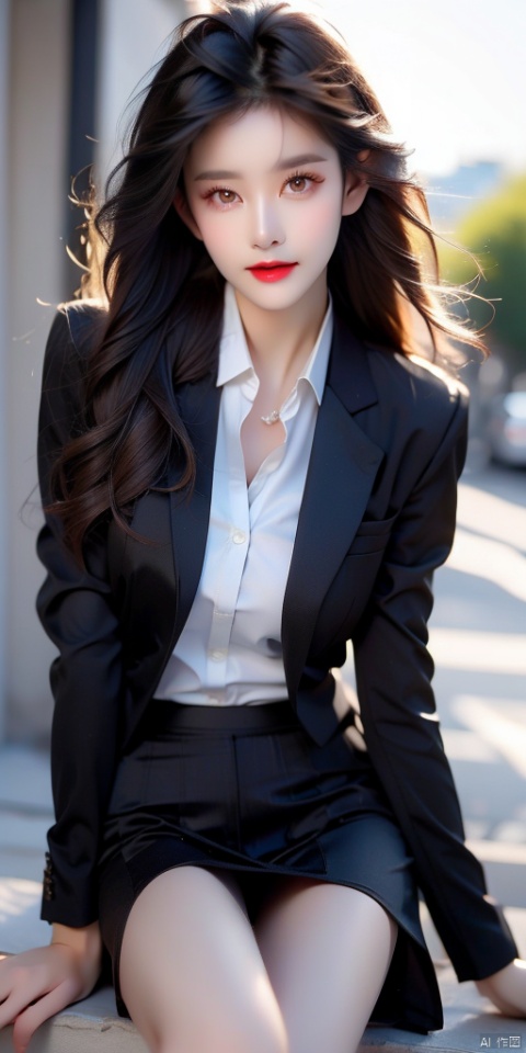 1girl, solo, long hair, breasts, looking at viewer, smile, skirt, brown hair, shirt, long sleeves, brown eyes, sitting, jacket, white shirt, outdoors, glasses, day, collared shirt, miniskirt, black skirt, lips, black jacket, head tilt, dress shirt, arm support, formal, suit, building, pencil skirt, red lips, office lady