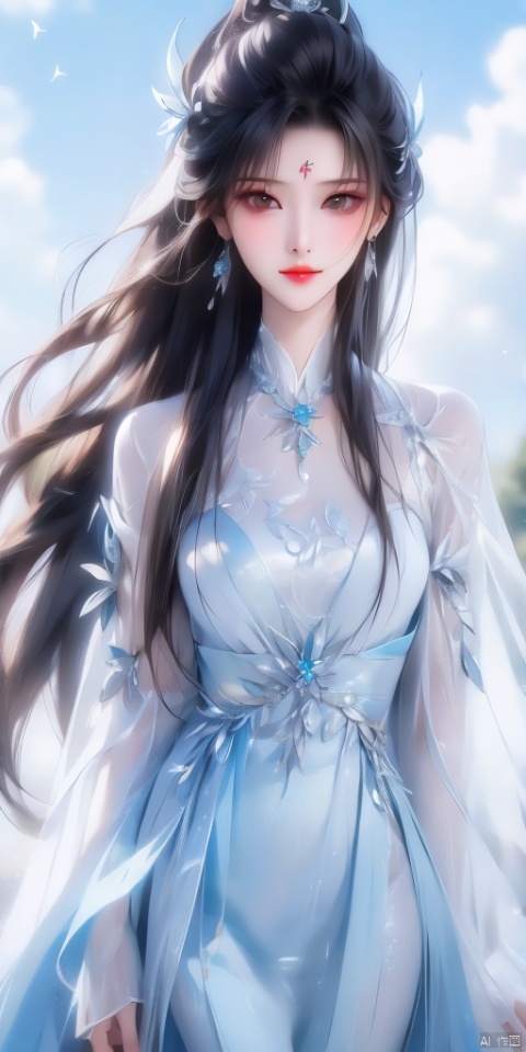 1girl, solo, long hair, breasts, looking at viewer, black hair, hair ornament, dress, jewelry, upper body, earrings, sky, blue dress, hand on own chest