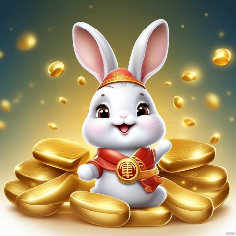 Cartoon version, cute beckoning rabbit, zodiac, background blur, gold ingots, festive
