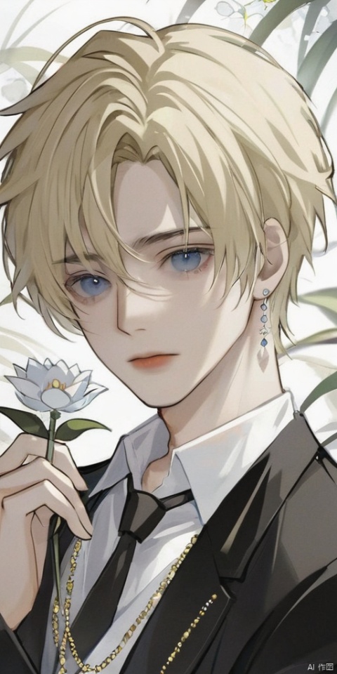 solo, looking at viewer, short hair, blue eyes, blonde hair, shirt, long sleeves, 1boy, holding, jewelry, closed mouth, white shirt, upper body, flower, male focus, earrings, black jacket, grey eyes, formal, plant, white flower, holding flower, bishounen