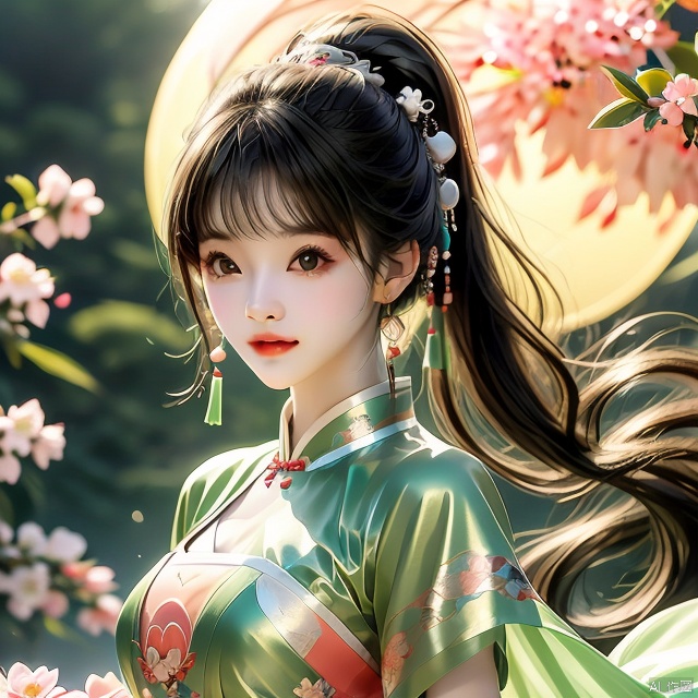 Ultra fine painting, a beautiful girl with a slim face, closed mouth, black eyes, black and white gradient long hair, peach blossom, half length lens, ponytail, tassels, decoration, wearing a light green dress, gazing at the moon in the night sky, calm, light: soft, Spring Festival, bright moon, ultra fine, 2K, ultra clear,