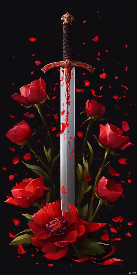 bloodied weapon, flower, sword, petals, no one, black background, red theme, still life