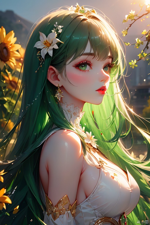 1girl, solo, long hair, looking at viewer, bangs, hair ornament, dress, bare shoulders, jewelry, green eyes, upper body, flower, white hair, earrings, parted lips, hair flower, from side, lips, eyelashes, makeup, white flower, lipstick, gem, green dress, red lips