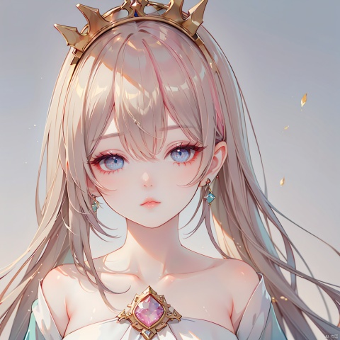 1girl, solo, looking at viewer, short hair, bangs, blue eyes, twintails, jewelry, closed mouth, pink hair, earrings, shiny, grey background, lips, gradient, grey eyes, gradient background, eyelashes, swept bangs, tiara, crown, gem, portrait, hoop earrings, pink lips