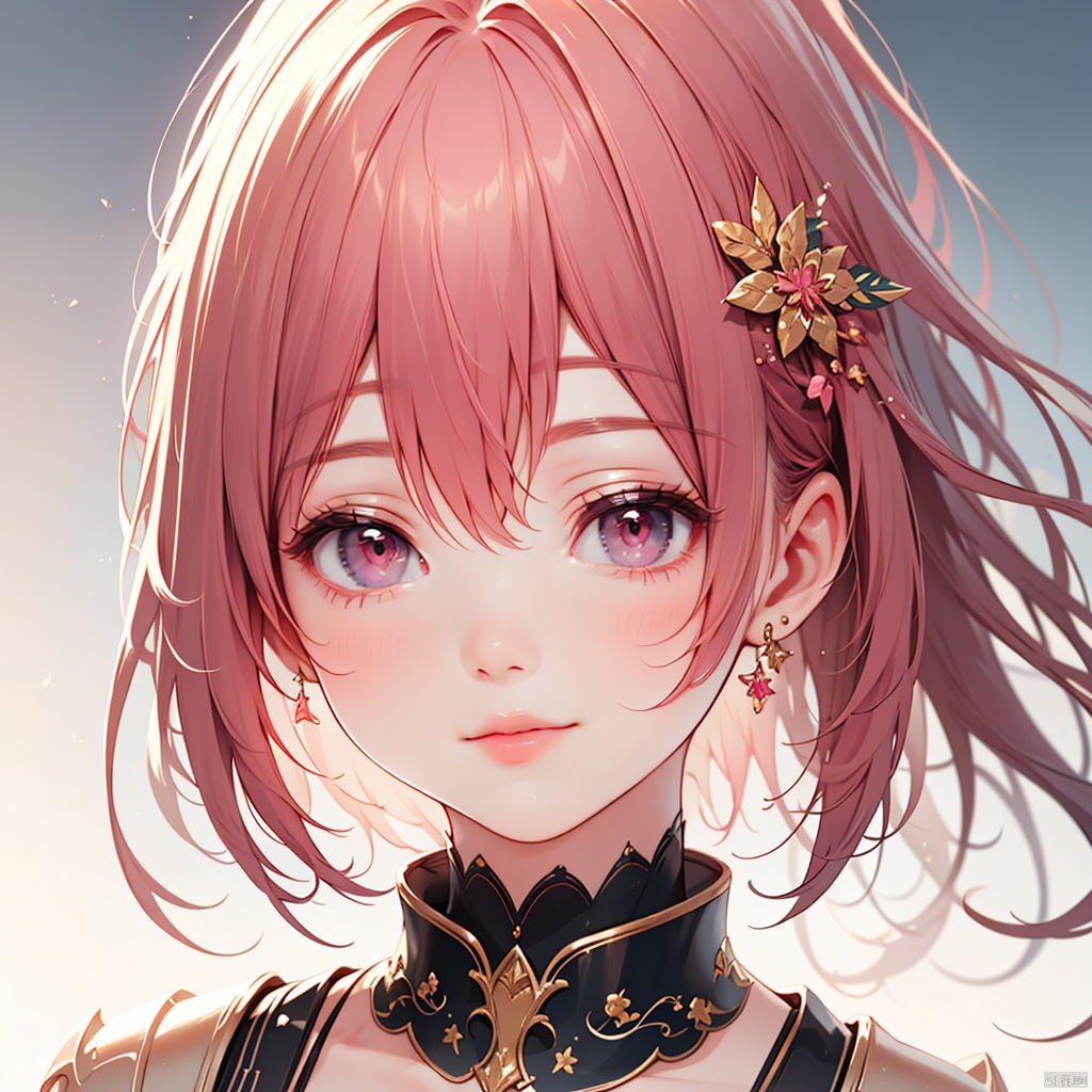 {very detailed light},{painting},{{very fine 8K CG wallpaper}}, (Premium, Best Quality, Art, Beauty and Aesthetics: 1.2),1girl, solo, looking at viewer, smile, short hair, bangs, hair ornament, jewelry, closed mouth, pink hair, earrings, pink eyes, armor, lips, gradient, gradient background, crown, portrait, pink lips, pink theme