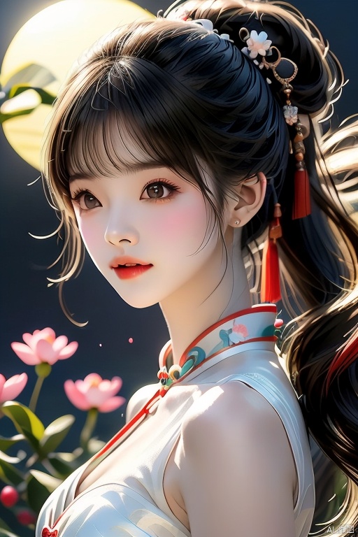 Ultra fine painting, a beautiful girl with Chinese style, slim face, closed mouth, black eyes, black and white gradient long hair, peach blossom, half body lens, ponytail, tassels, decoration, white dress, sheer, gazing at the moon in the night sky, calm, light: soft, Spring Festival, moon, ultra fine, 2K, ultra clear,