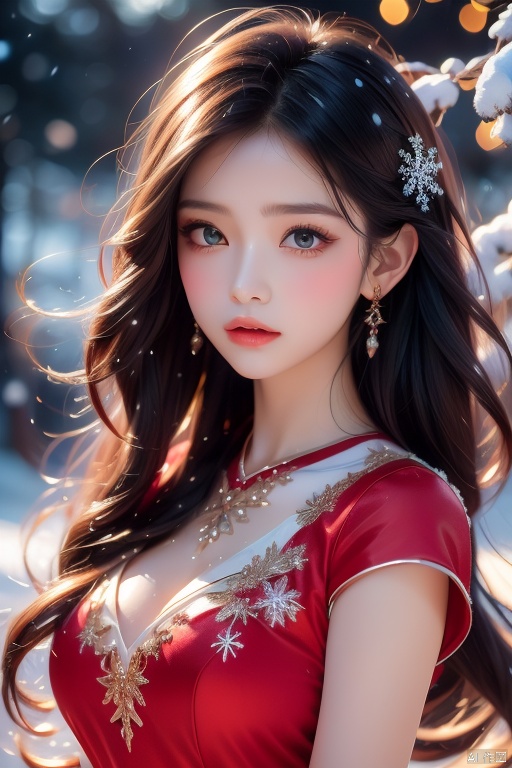  Medium: Ultra-fine painting. Subject: A young woman in a reddress  running,adorned with jade jewelry, Emotion: Tranquil. Lighting: Soft,highlighting the snowflakes. Scene: A snowy landscape with delicate snowflakes falling around her. Style: Ultra-detailed realism with a colorful palette., hair, girl