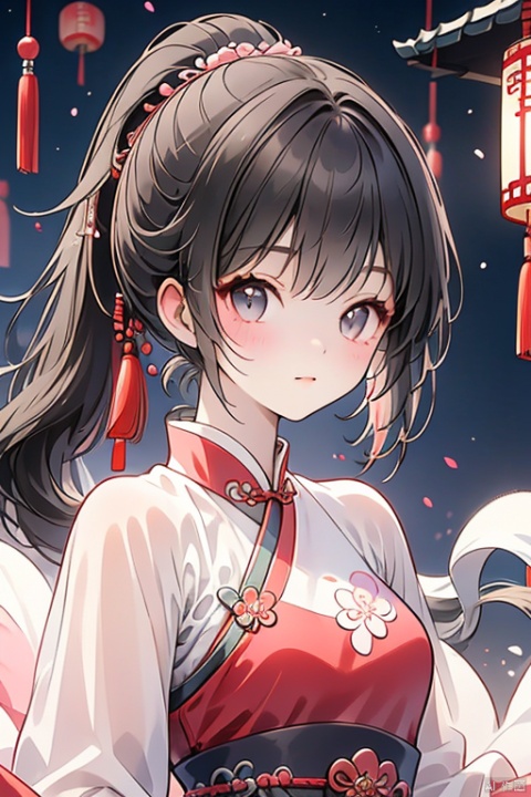 (Top quality, best quality, art, beauty and aesthetics: 1.2) A beautiful girl, dressed in Chinese clothing, slim face, closed mouth, black eyes, black and white gradient long hair, peach blossom, ponytail, tassels, red dress, sheer, looking at the camera, calm, Chinese New Year, ultra fine, 2K, ultra clear, hair,Facial shape,Exquisite appearance,Bright eyes, face,eyes