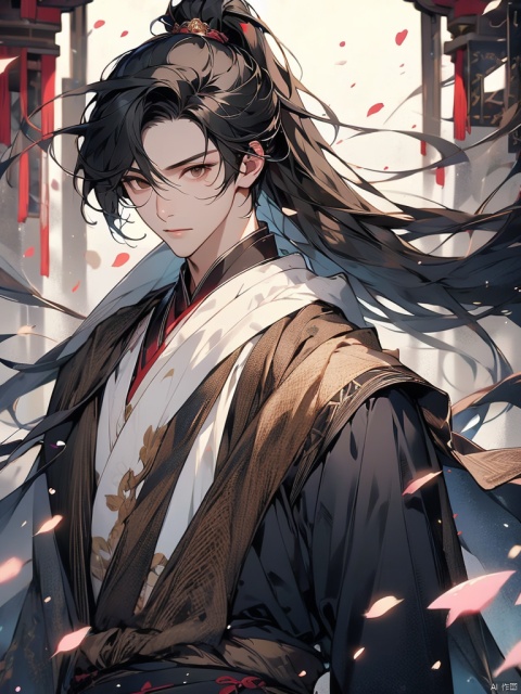 solo, long hair, looking at viewer, black hair, hair ornament, 1boy, brown eyes, closed mouth, upper body, ponytail, flower, male focus, armor, petals, chinese clothes, falling petals