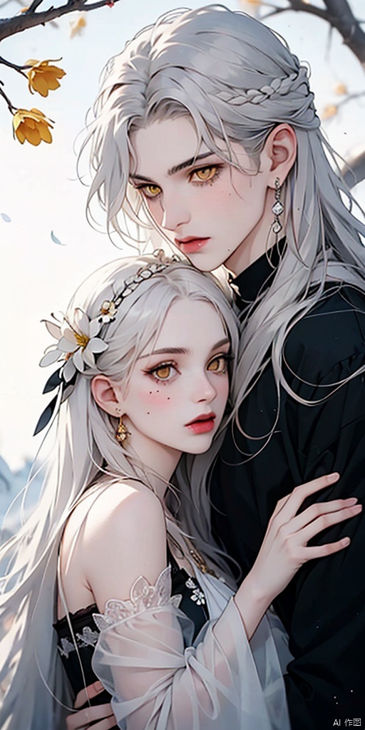 1 girl, long hair, looking at the audience, hair accessories, 1 boy, jewelry, yellow eyes, flowers, white hair, earrings, hair flowers, moles, fur trimming, siblings, face markers, safflower, hug, branches, snuggle,