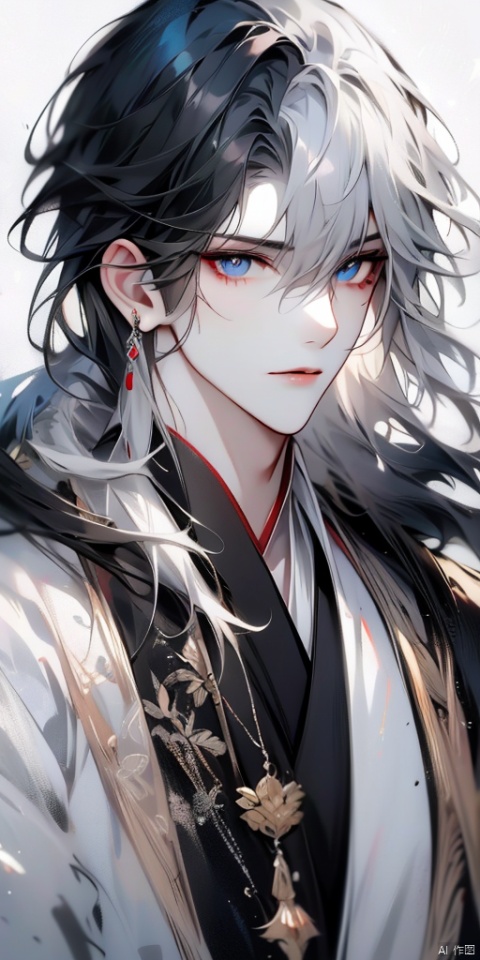 solo, long hair, looking at viewer, blue eyes, black hair, 1boy, white background, jewelry, upper body, white hair, grey hair, male focus, earrings, fur trim, chinese clothes, portrait, bishounen