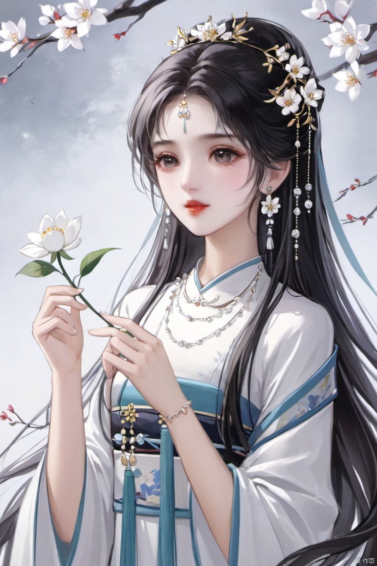 1girl, solo, long hair, black hair, hair ornament, dress, holding, jewelry, upper body, flower, earrings, necklace, white dress, chinese clothes, holding flower, xinyue