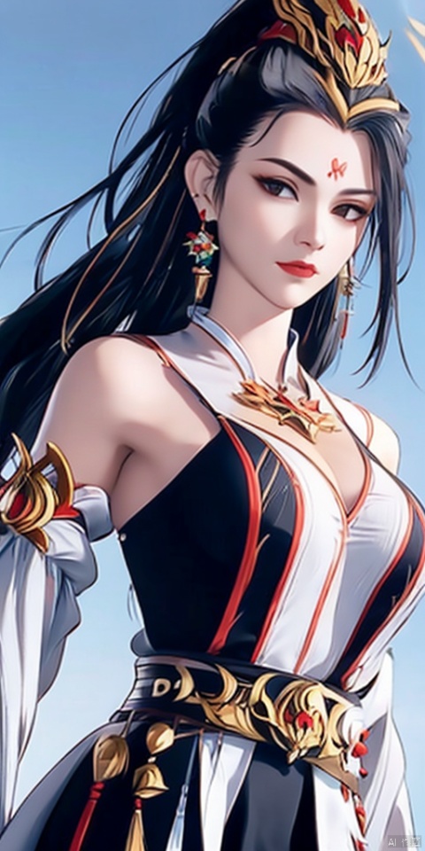 1girl, solo, long hair, breasts, looking at viewer, black hair, hair ornament, dress, jewelry, upper body, earrings, sky, blue dress, hand on own chest, MeiDuSa