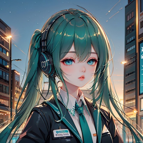 1girl, long hair, bangs, twintails, jacket, upper body, ponytail, outdoors, parted lips, sky, solo focus, aqua eyes, lips, black jacket, aqua hair, night, headphones, night sky, city, nose, hatsune miku