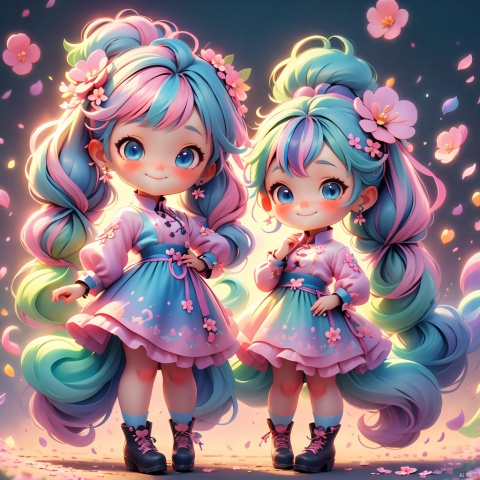 1girl, solo, long hair, looking at viewer, smile, blue eyes, skirt, shirt, hair ornament, twintails, jewelry, blue hair, full body, pink hair, flower, multicolored hair, earrings, shoes, hair flower, chibi, gradient hair, child, freckles, pink shirt, girl