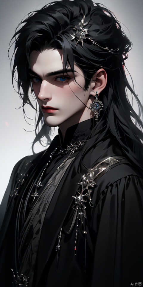  {gothic},{very detailed light},{painting},{{very fine 8K CG wallpaper}}, (Premium, Best Quality, Art, Beauty and Aesthetics: 1.2),solo, long hair, looking at the audience, blue eyes, black hair, 1 boy, white background, jewelry, black hair, male focus, earrings, jewelry, diamond, castle,