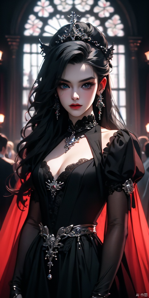  {gothic},{very detailed light},{painting},{{very fine 8K CG wallpaper}}, (Premium, Best Quality, Art, Beauty and Aesthetics: 1.2),solo, long hair, looking at the audience, blue eyes, black hair, 1girl,white background, jewelry,black hair,male focus,earrings, jewelry, diamond, castle,