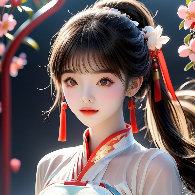 (Top quality, best quality, art, beauty and aesthetics: 1.2) A beautiful girl, dressed in Chinese clothing, slim face, closed mouth, black eyes, black and white gradient long hair, peach blossom, ponytail, tassels, white dress, sheer, looking at the camera, calm, Chinese New Year, ultra fine, 2K, ultra clear, hair